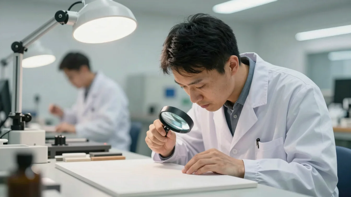 A quality inspector using a magnifying glass to examine the surfa