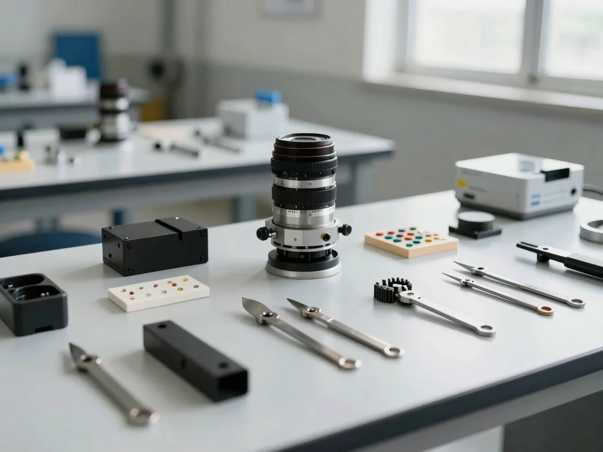 Crisp documentary photograph of quality inspection tools and sample components on a clean work surface under bright dayl