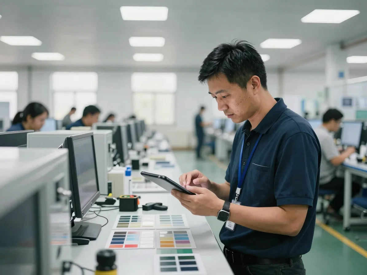 Candid shot of Mark in a modern Chinese manufacturing facility, reviewing product samples with a tablet, bright industri