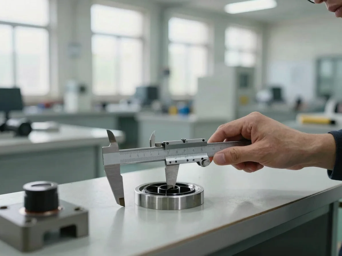Precision calipers checking a component on a factory floor, brigh
