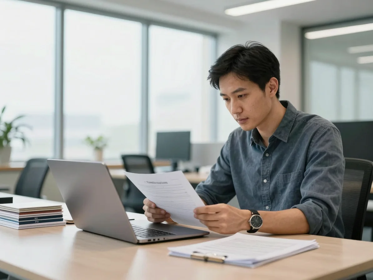 Mark reviewing supplier documents on a laptop, a stack of product