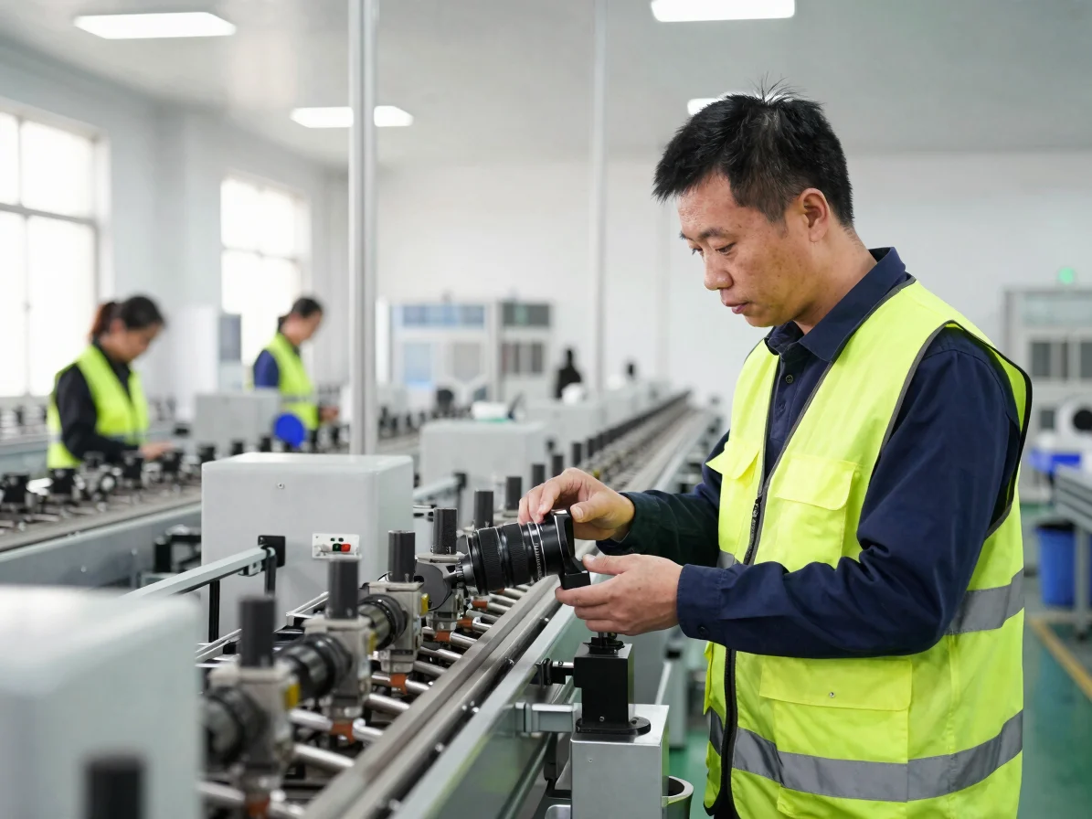 Mark inspecting a production line in a clean Chinese factory, wea